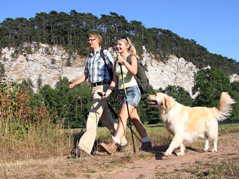 Wanderer mit Hund im Südharz